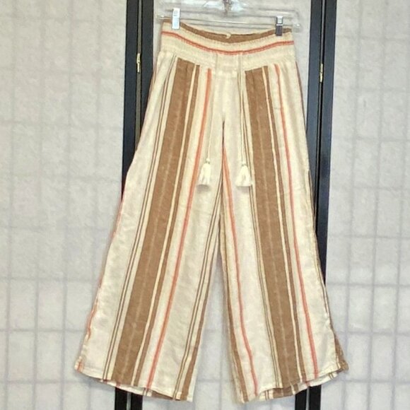 Vanilla Star Linen Gauze Flyaway Palazzo Pants M Wide Waist Split Sides Striped - Picture 1 of 13